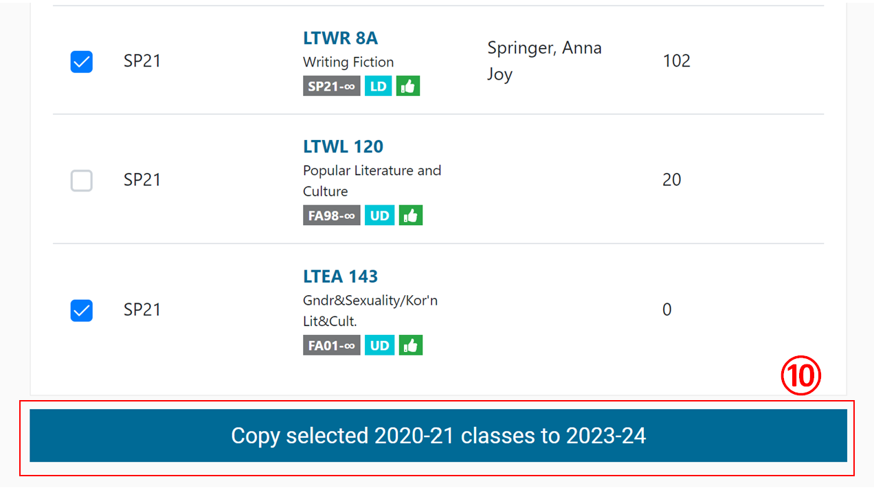 Screenshot: how to select course to copy