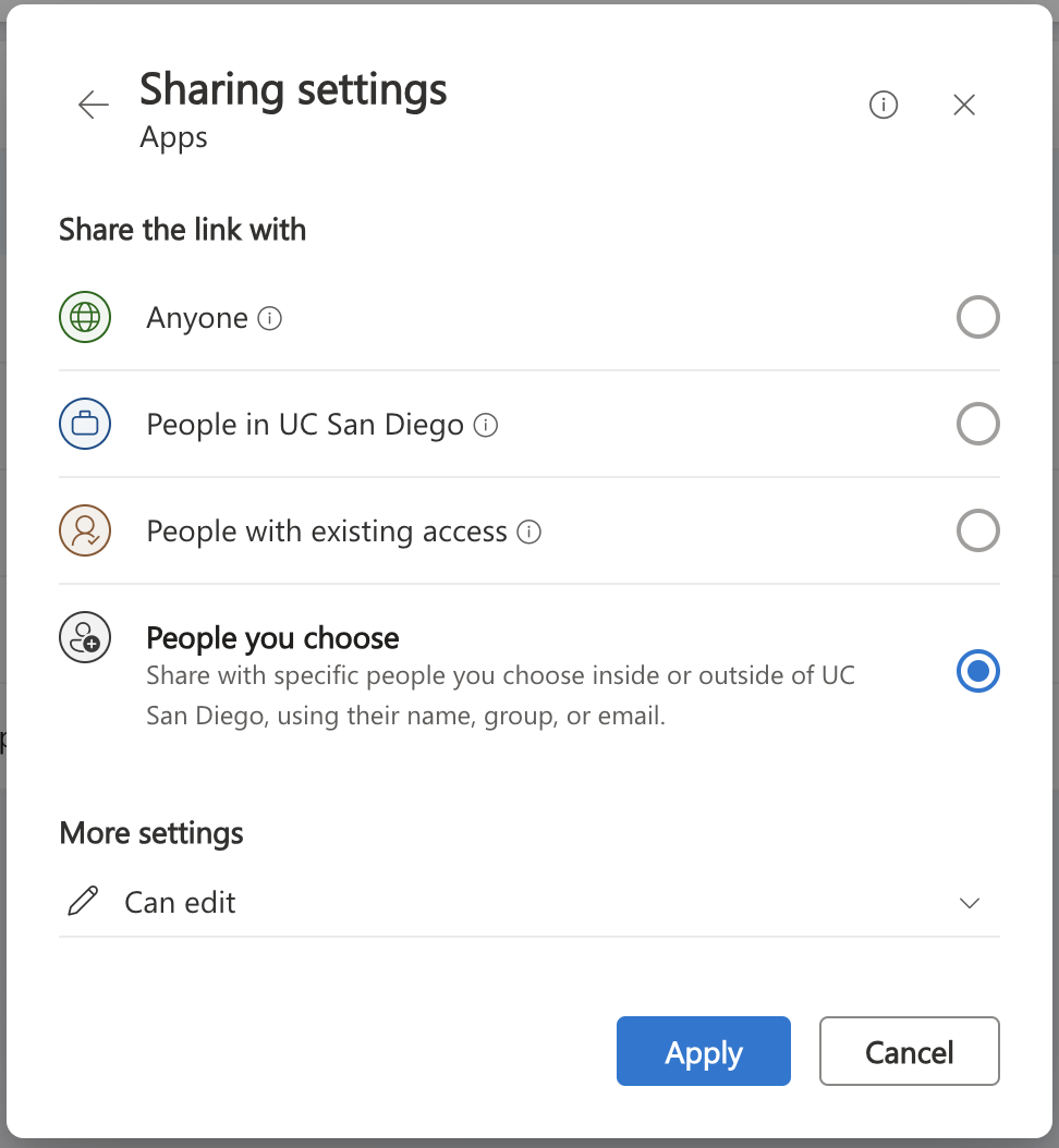 "Sharing settings" window