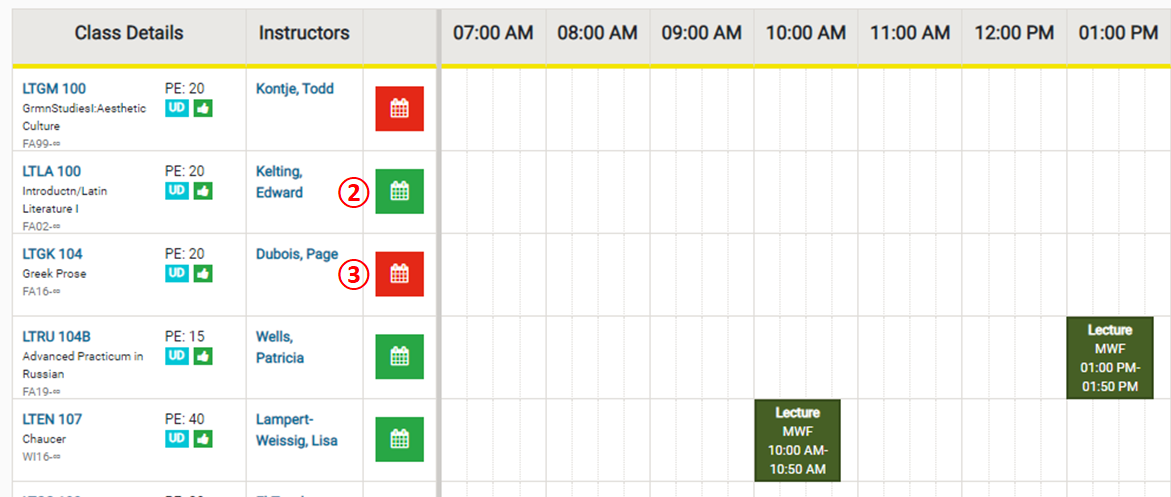Screenshot: Course schedule information