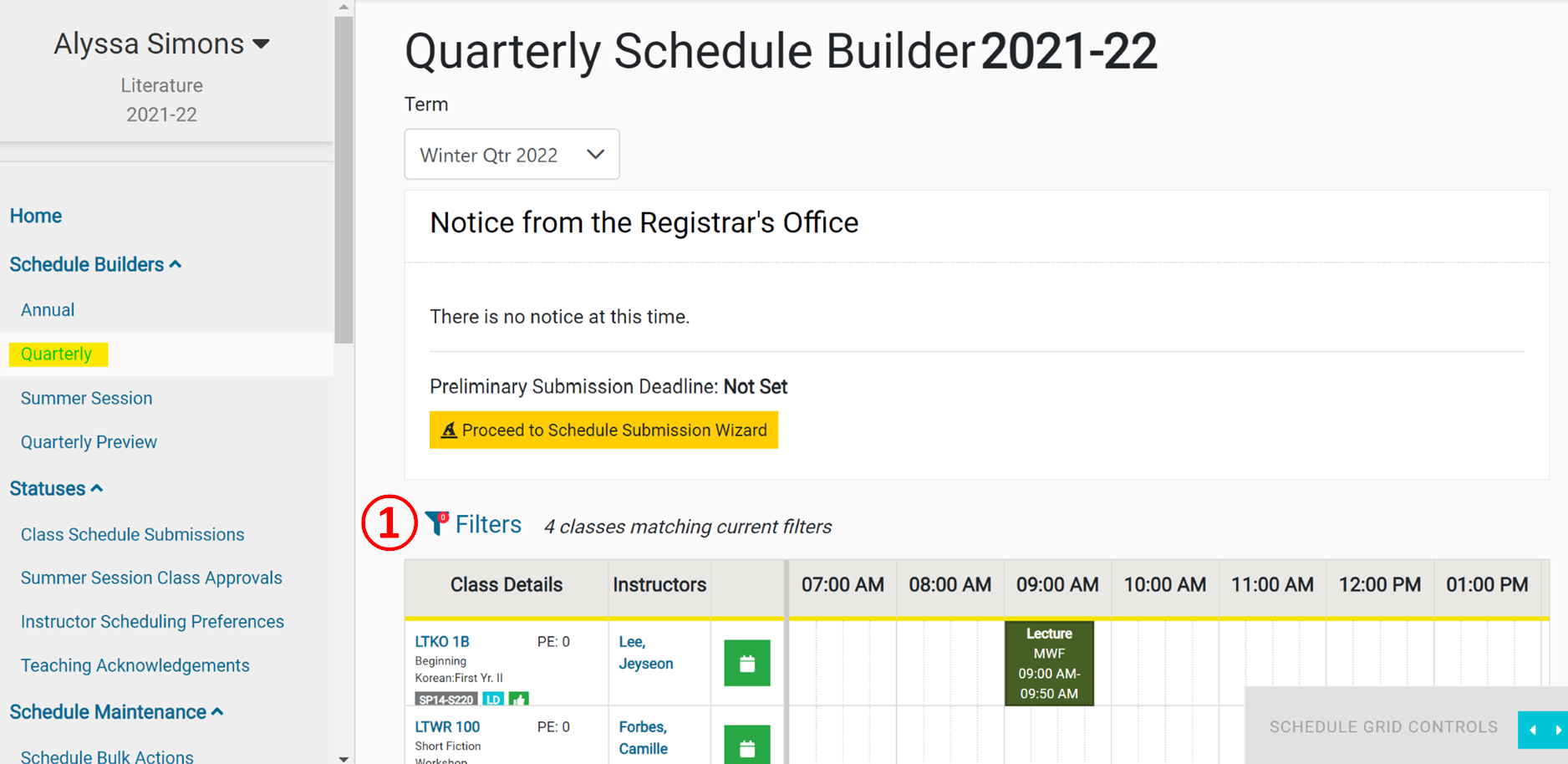 Screenshot: filters for the quarterly schedule builder