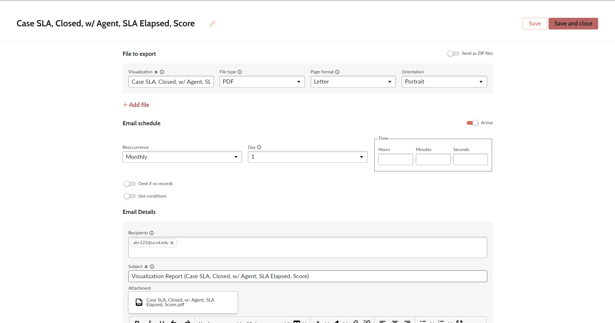 screenshot of a scheduled reporting options