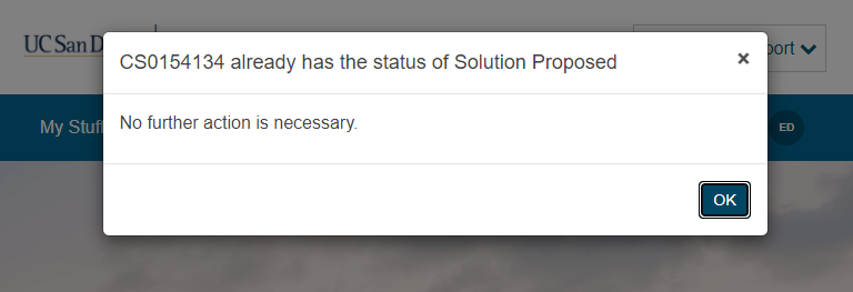 Screenshot: popup of notification of case solution proposed