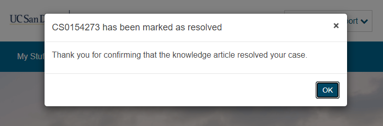 Screenshot: popup notification of case resolution