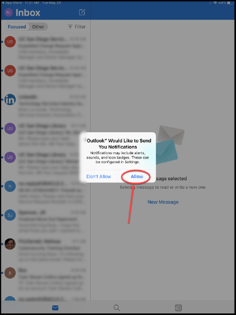 "Outlook would like to send you notifications" window with "Allow" button circles