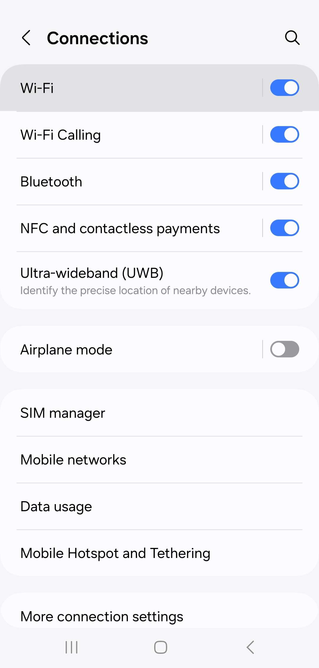connections-android14.jpg screenshot of the Connections menu with Wi-Fi highlighted