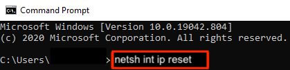 Windows netsh int ip reset Screenshot: Windows command prompt with netsh int ip reset command