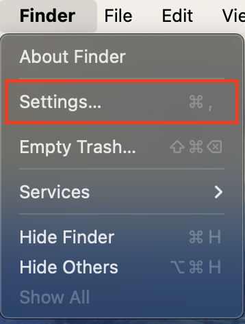 Screenshot: Settings option after opening Finder application