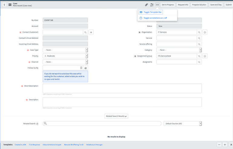 Screenshot: "Toggle Template" button on the top menu