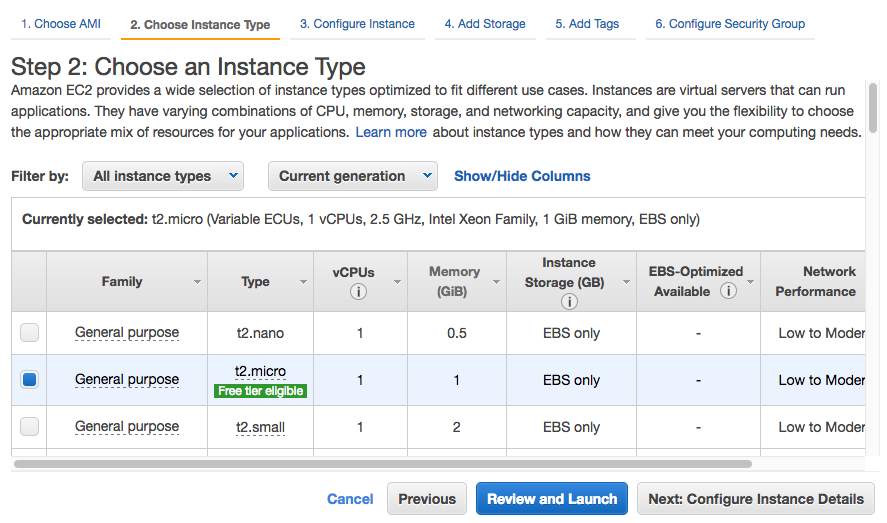 Screenshot: How to pick your instance type