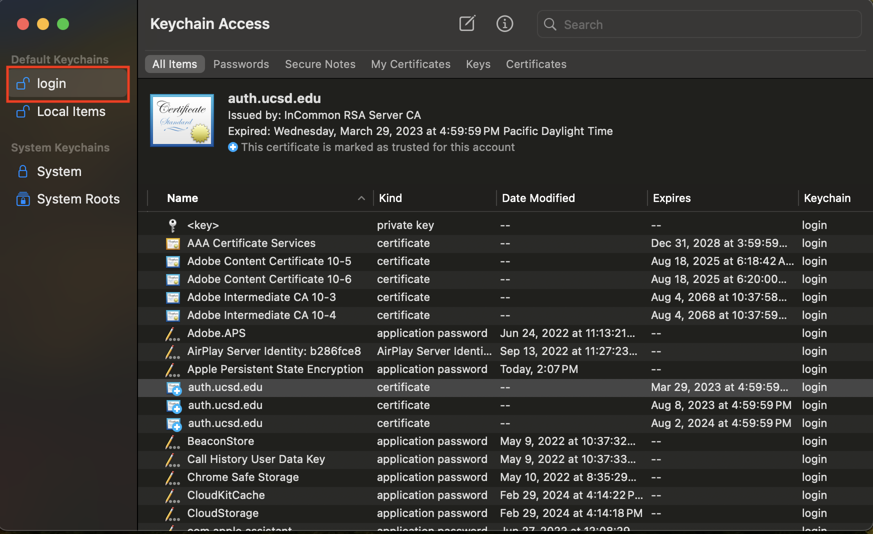 Screenshot: Keychain Access application in MacOS