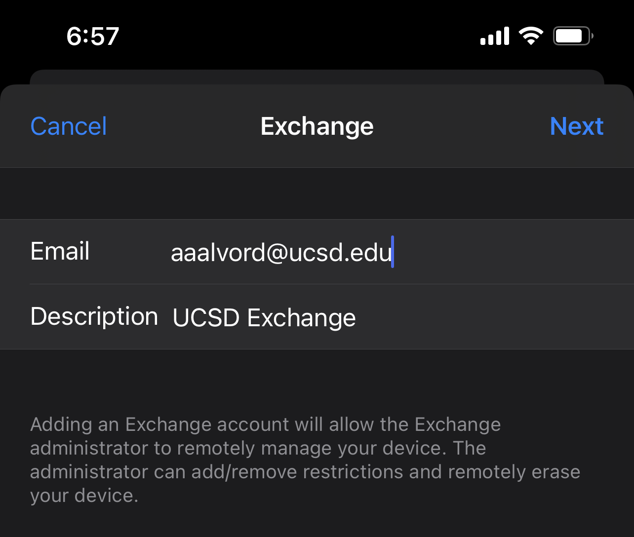 Screenshot: typed UCSD email address
