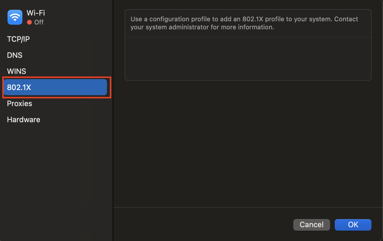 Screenshot: 802.1x options within the "Details" tab of Wi-Fi settings