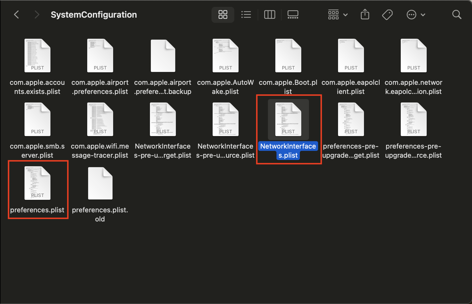 Screenshot: Plist files that must be deleted within this folder