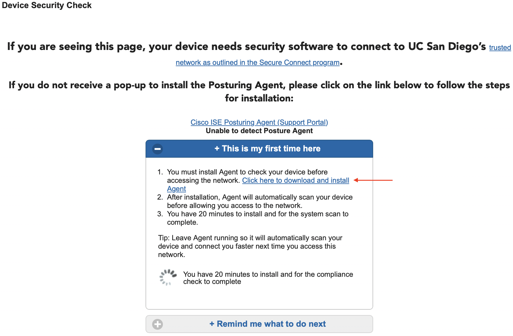 Secure Connect captive portal for VPN ISE posturing with a red arrow pointing to the installation link for the ISE posture module 