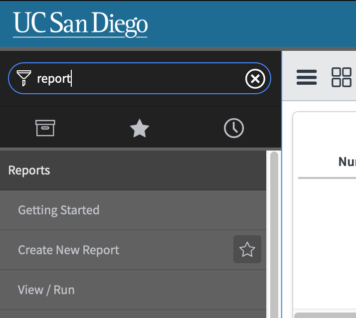 Screenshot: Side navbar searching the word "report" 