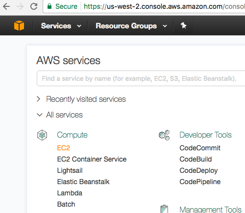 Screenshot: EC2 in the AWS Service Options