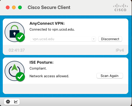 Screenshot of the AnyConnect VPN Client connected to the VPN with the ISE Posture Module displaying as compliant below it