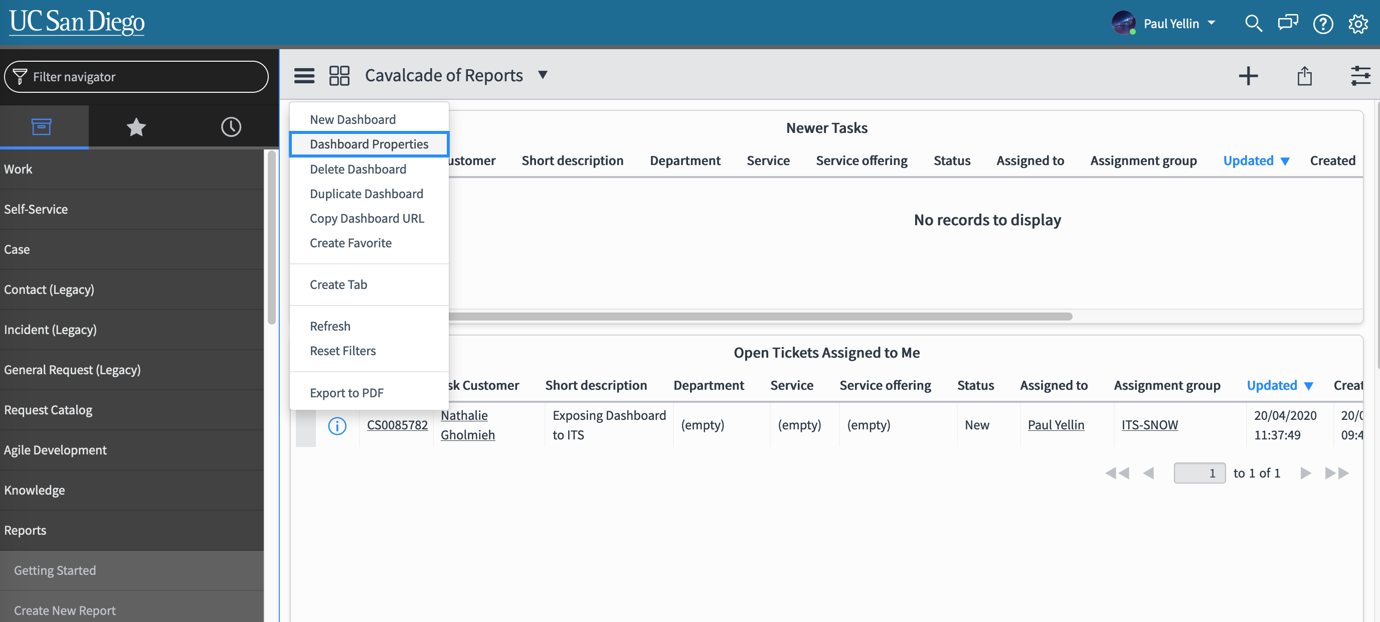 An image showing where to find the dashboard properties under the hamburger