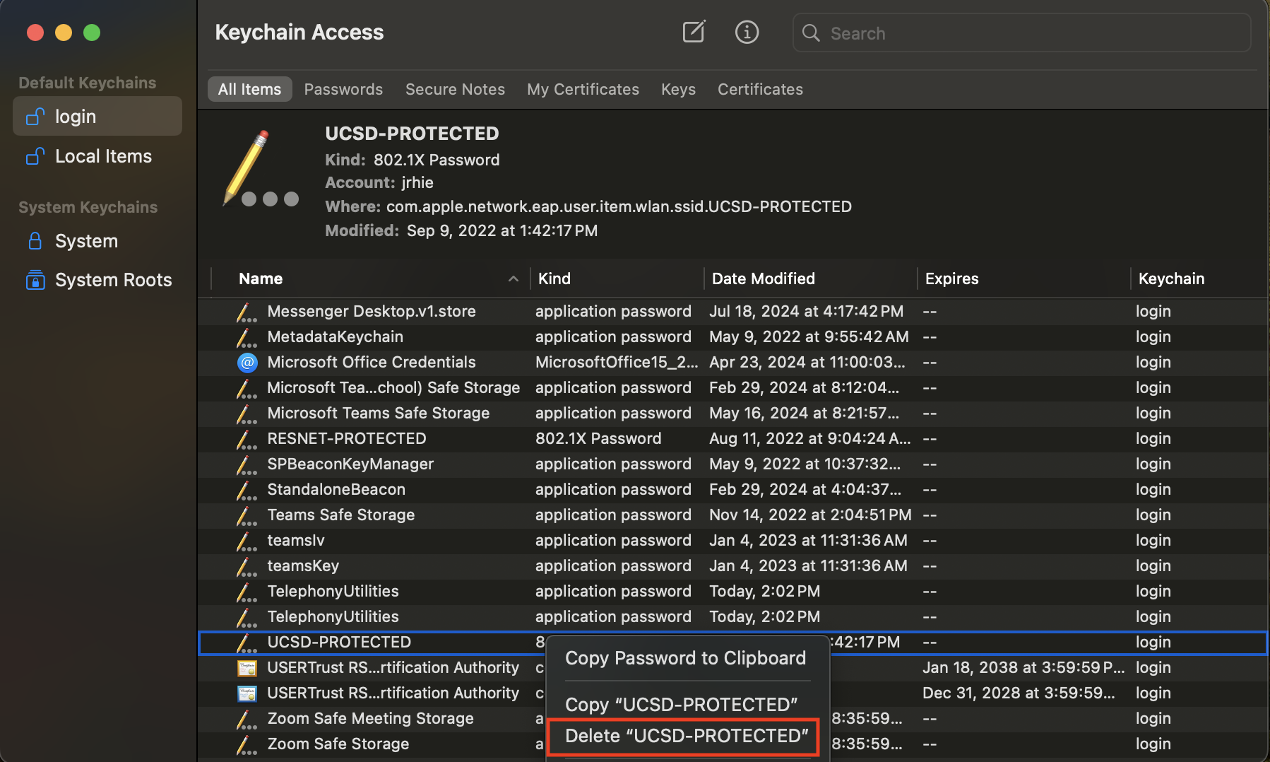Screenshot: UCSD-PROTECTED digital certificate in "Keychain Access" app