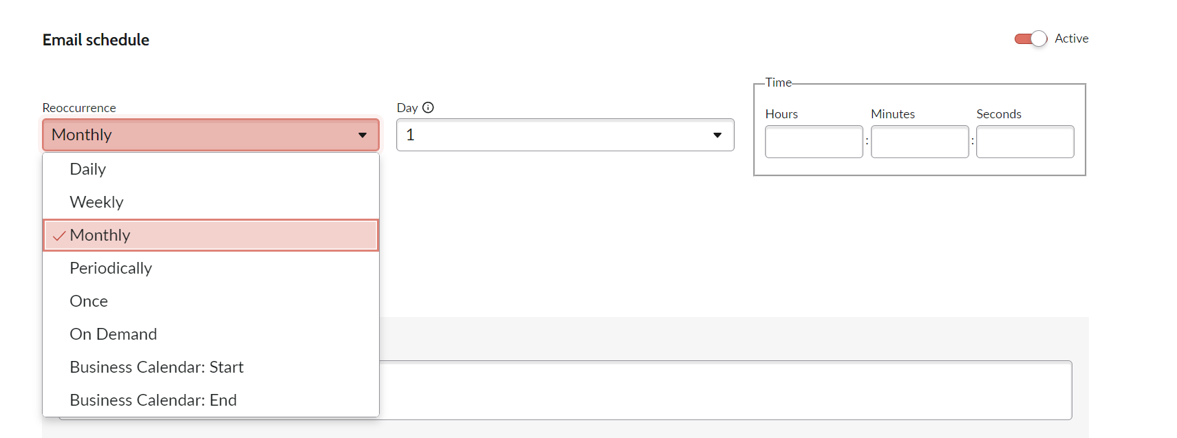 screenshot of a scheduled reporting options, with monthly selected