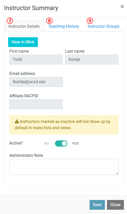 Screenshot: instructor summary options and details