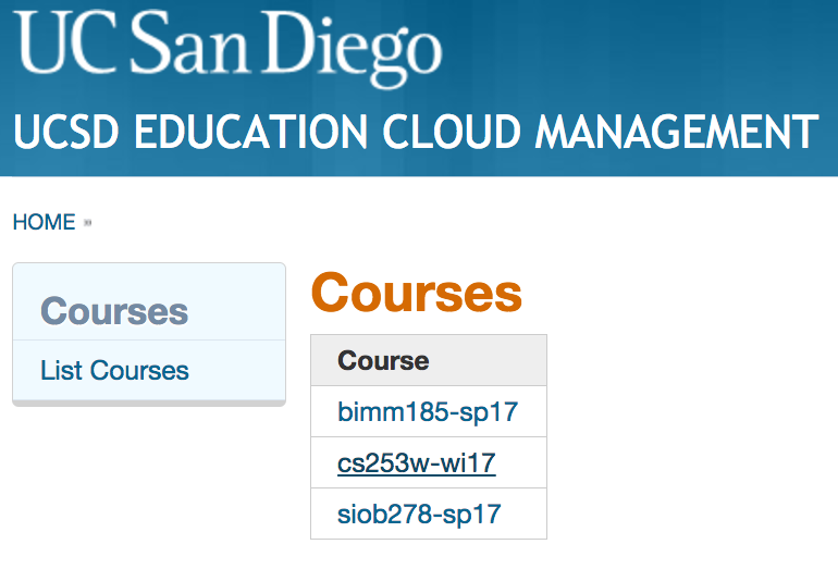 Screenshot: List of courses displayed in cloud management