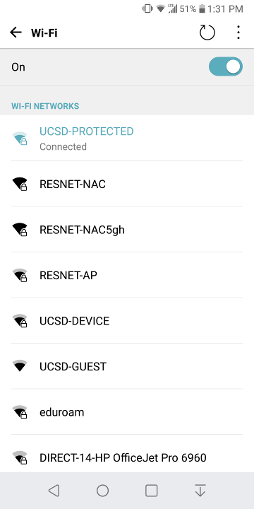 screenshot of Wi-Fi settings with "Connected" shown under UCSD-PROTECTED network screenshot of Wi-Fi settings with "Connected" shown under UCSD-PROTECTED network