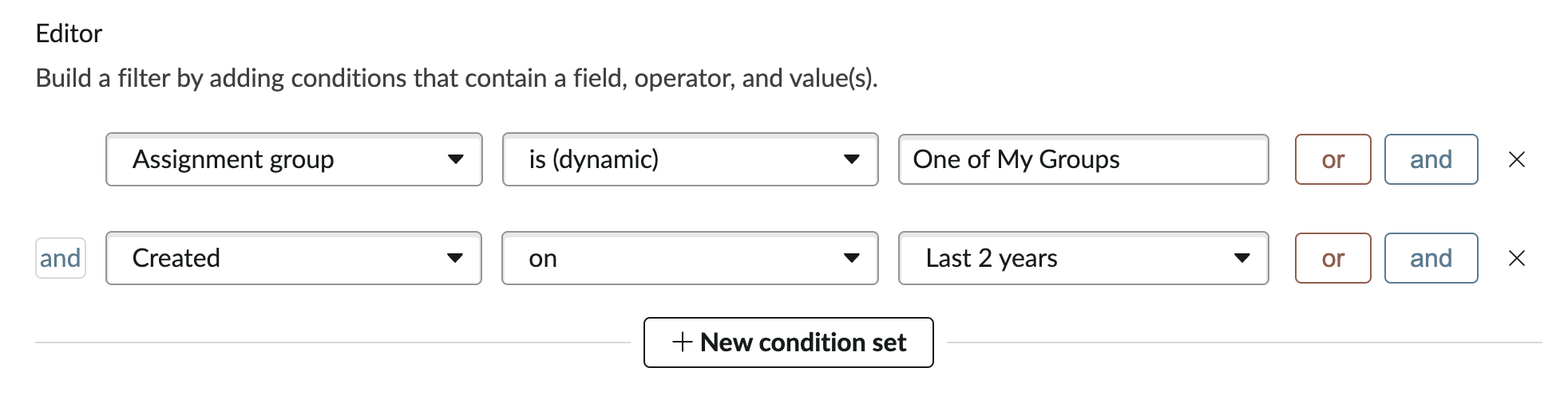 Screenshot of fields to filter based on assignment groups