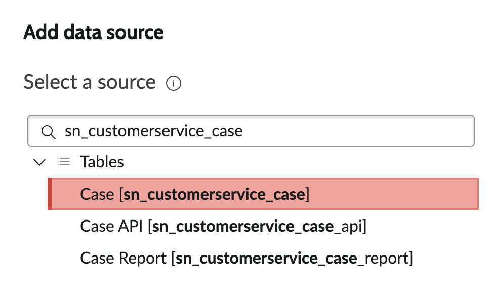 Screenshot of list of tables to pick as a data source