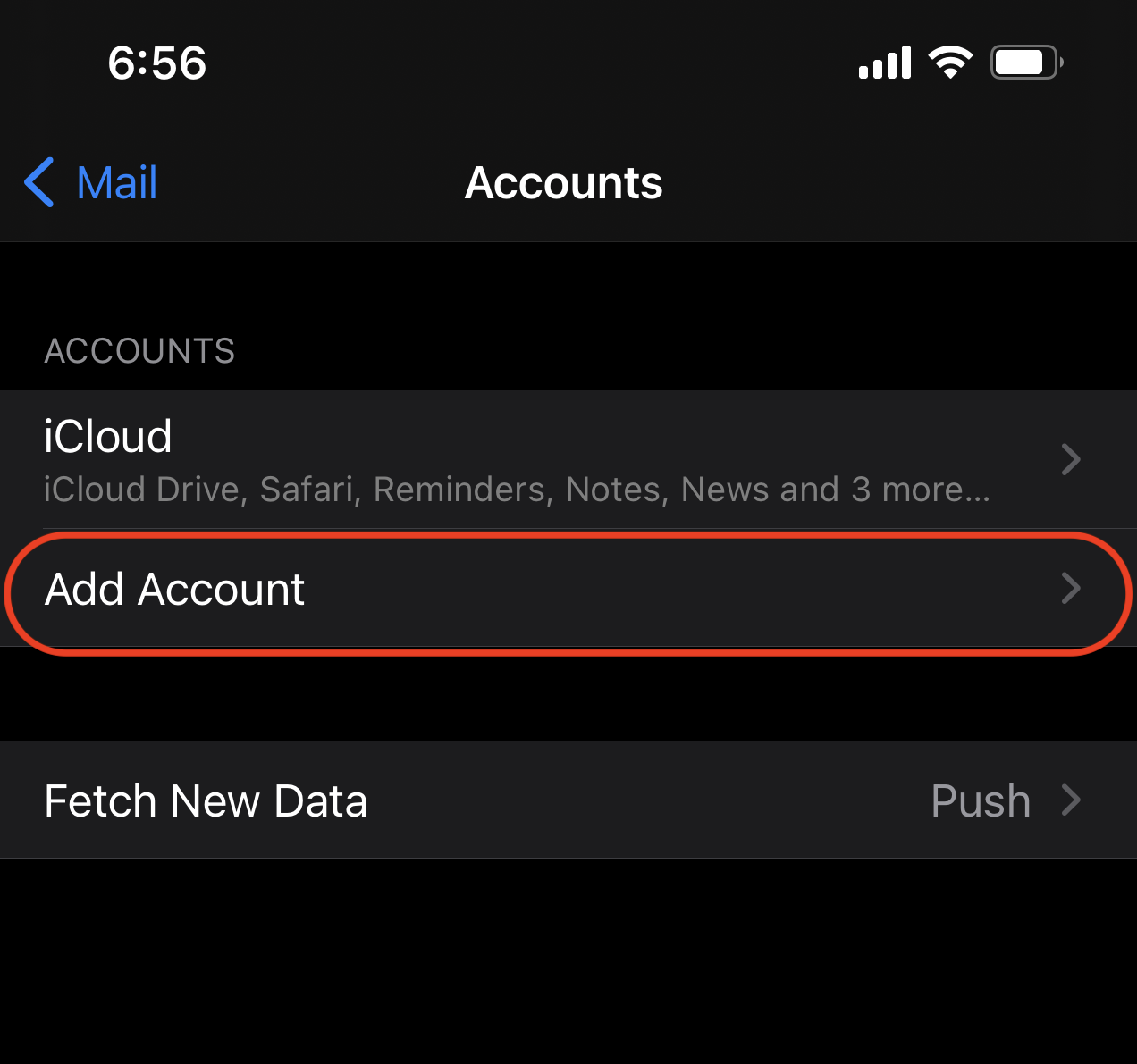 Screenshot: Add Account button in Accounts menu