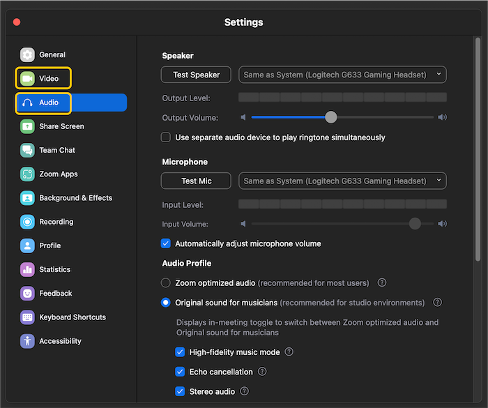 A screenshot of Zoom application preferences.