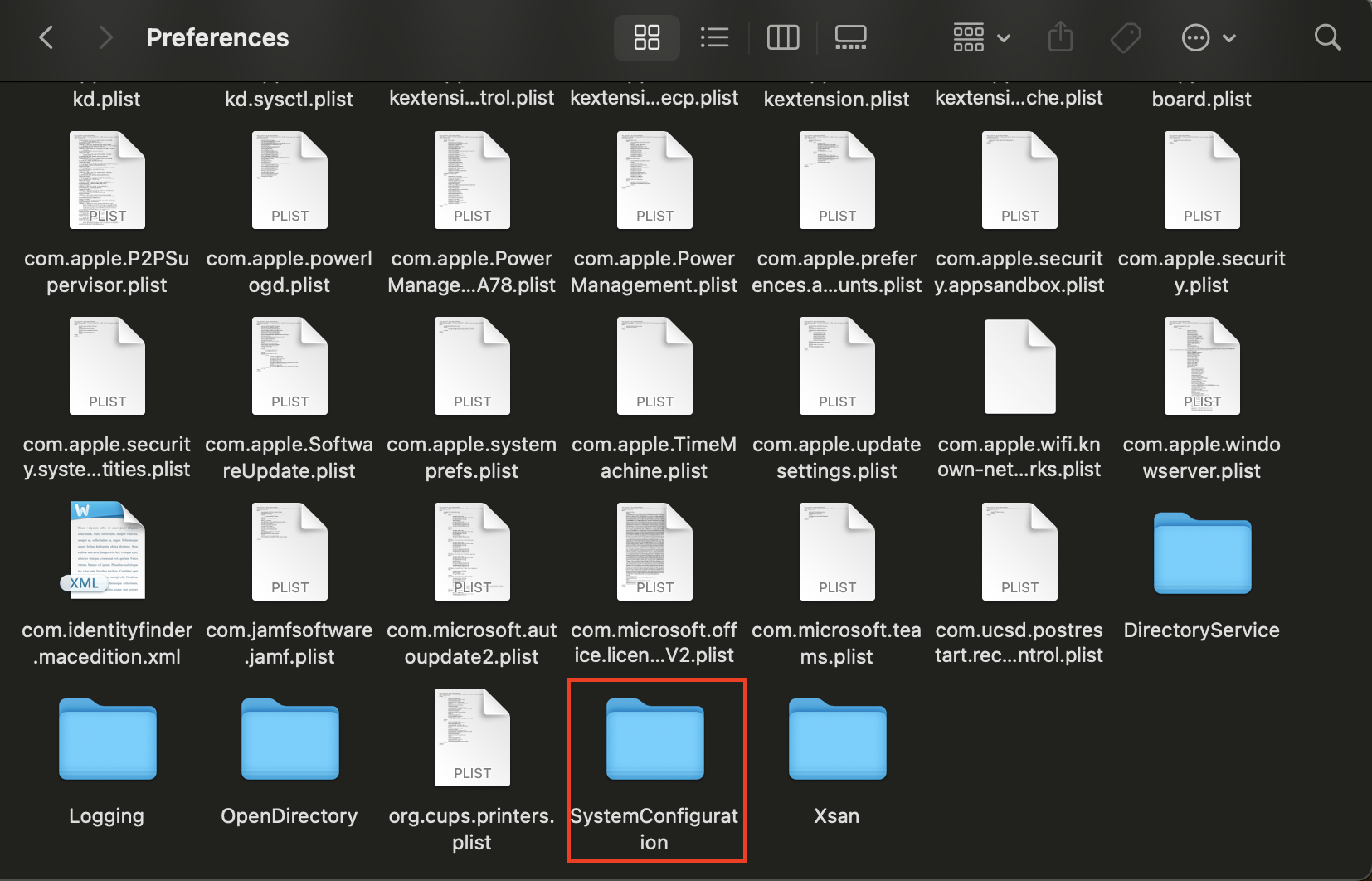 Screenshot: "SystemConfiguration" subfolder within "Preferences" folder